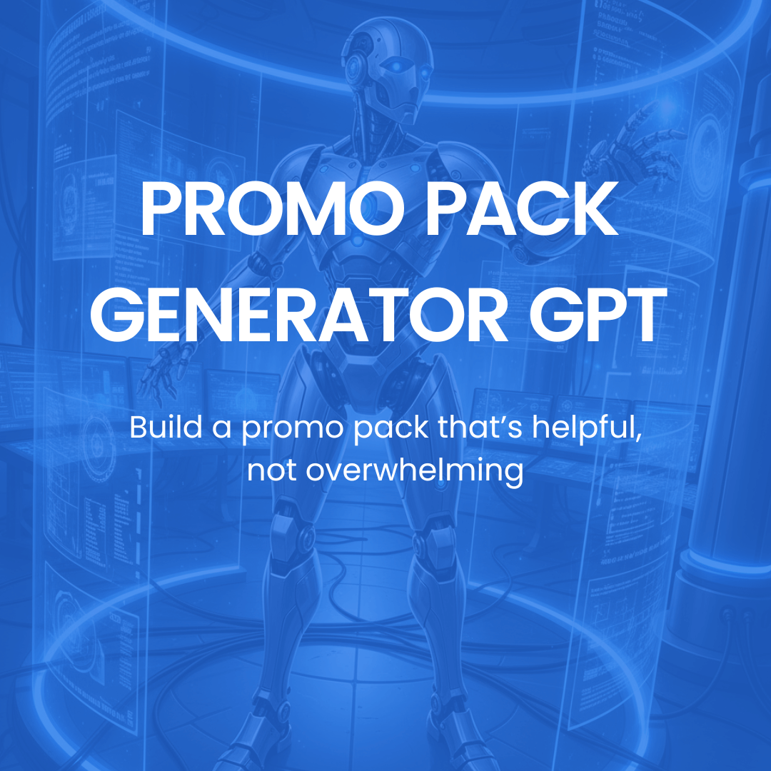 Promo pack generator GPT advertisement with a robot figure in a futuristic setting.