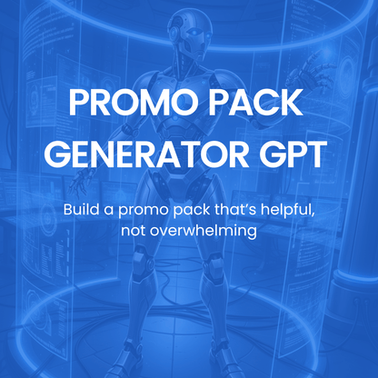 Promo pack generator GPT advertisement with a robot figure in a futuristic setting.