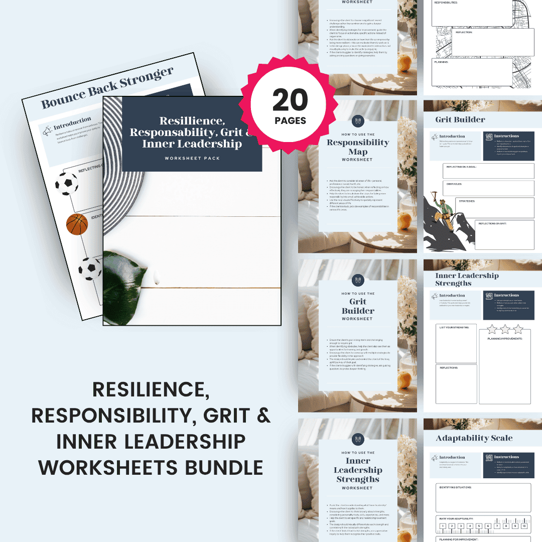 Resilience, Responsibility, Grit & Inner Leadership Worksheets Bundle Mockup