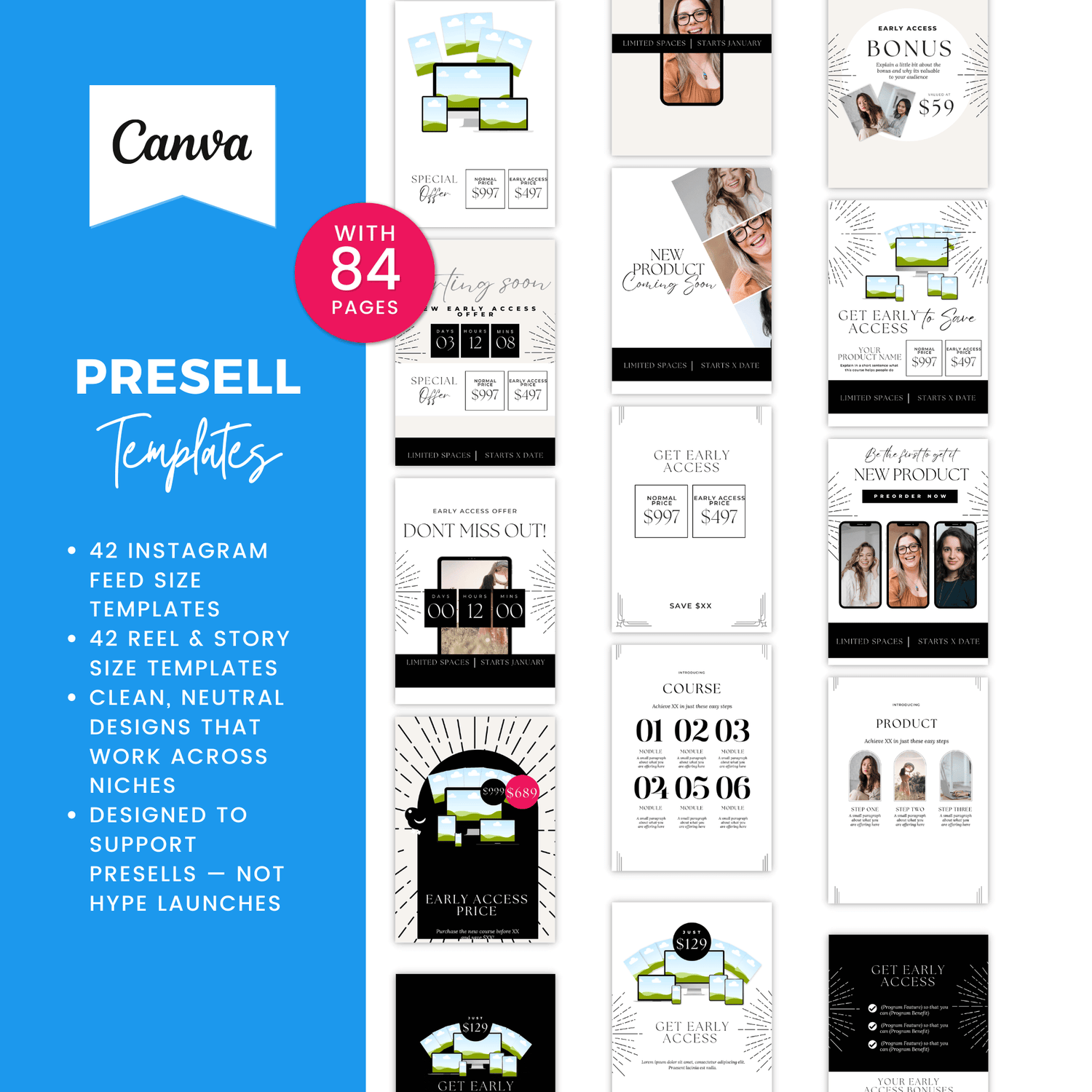 Collection of Canva presell templates with various designs on a white background.