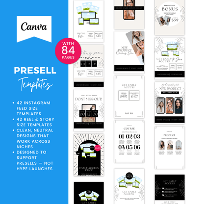 Collection of Canva presell templates with various designs on a white background.