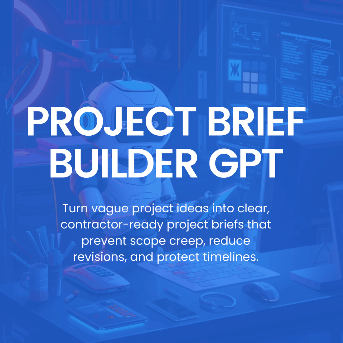 Project Brief Builder GPT advertisement with a blurred office background