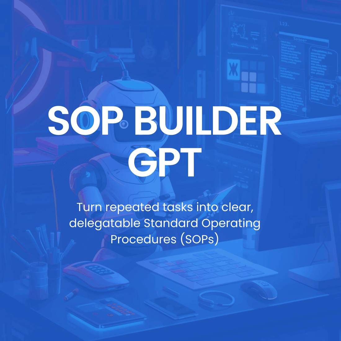 Robotic figure at a desk with text about SOP Builder GPT on a blue overlay