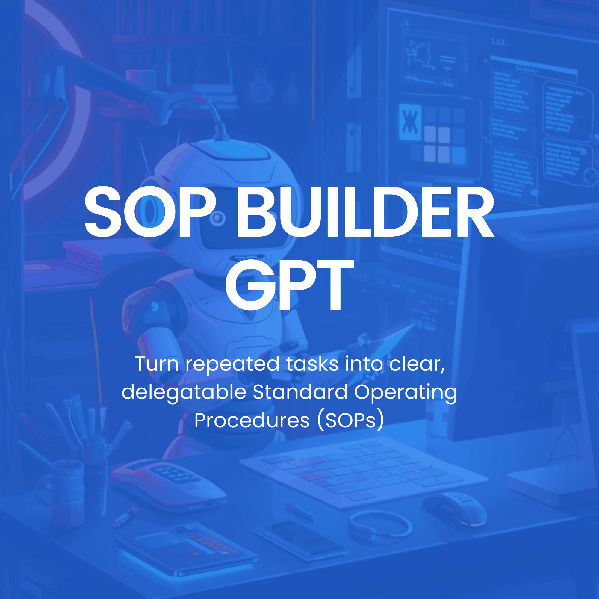 Robotic figure at a desk with text about SOP Builder GPT on a blue overlay