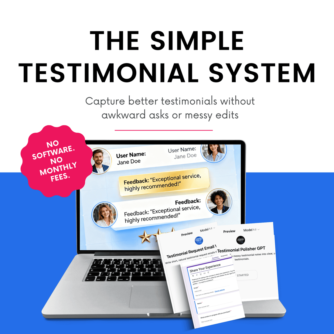 Laptop displaying a testimonial system with text about capturing better testimonials.