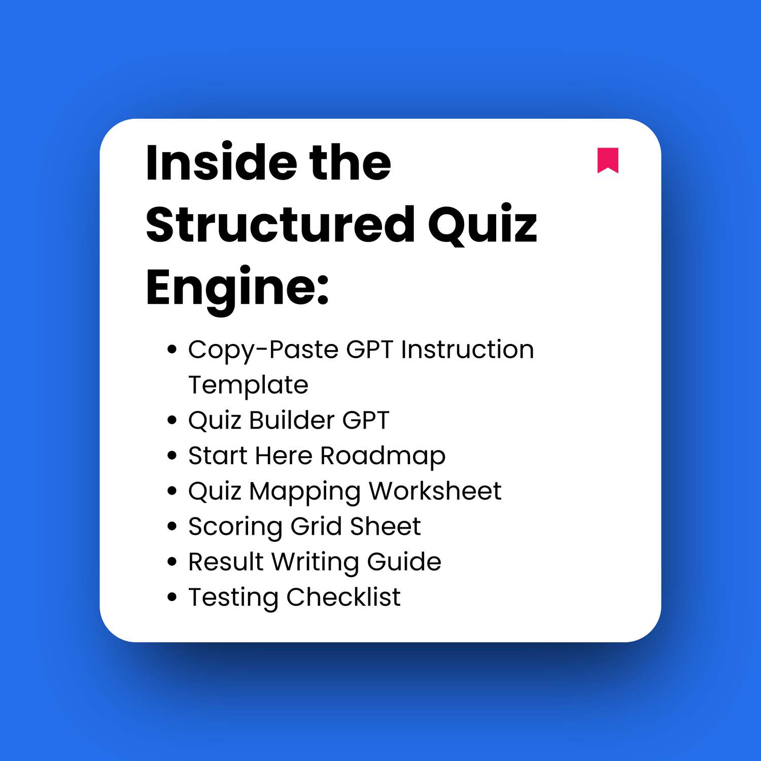 White square with text on a blue background, listing features of a structured quiz engine.