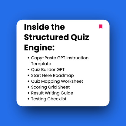 White square with text on a blue background, listing features of a structured quiz engine.