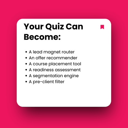 Text on a white square with a pink background, listing ways a quiz can be used.