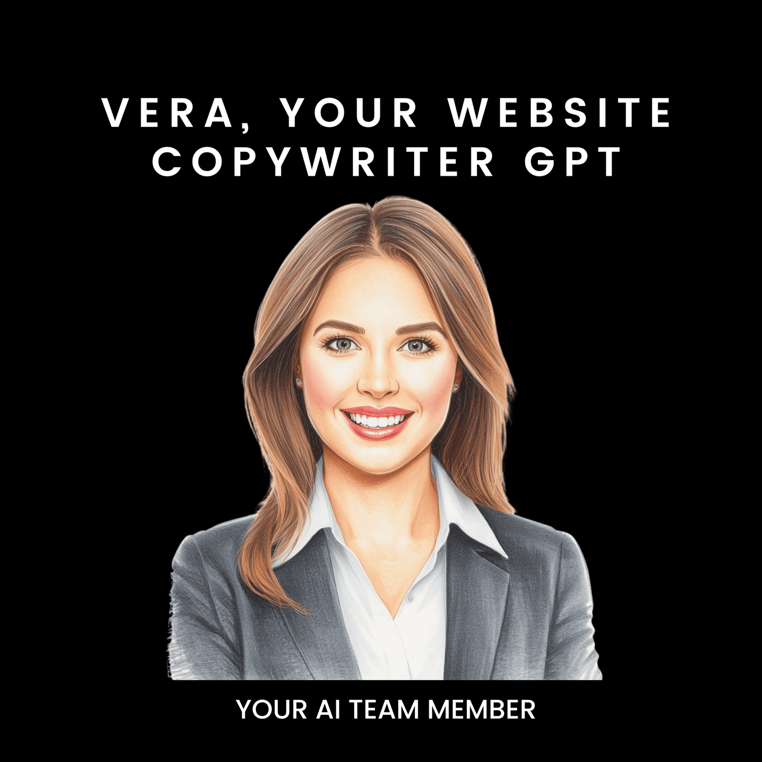 Illustration of a woman with text about Vera, a website copywriter GPT, on a black background.