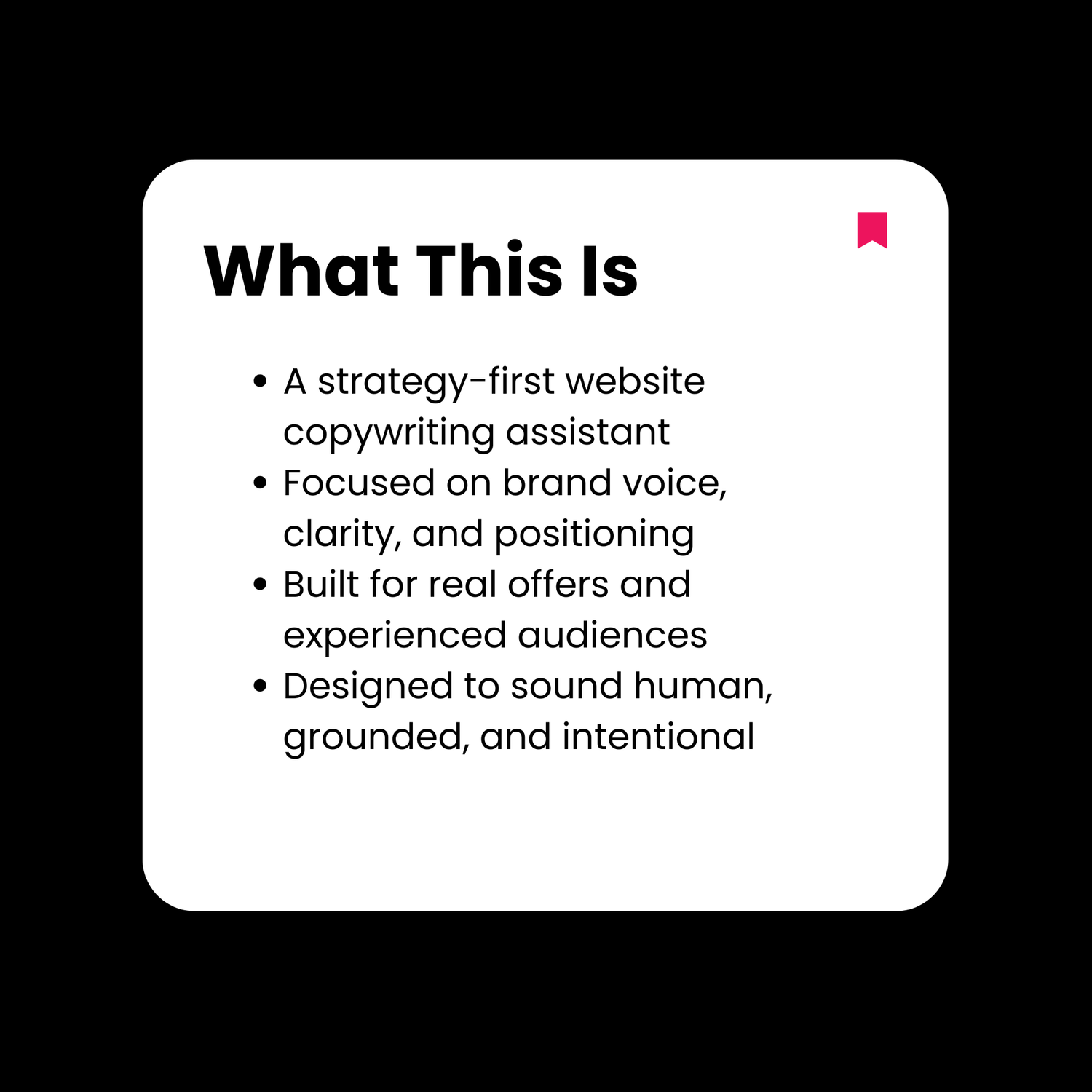 Text description of a strategy-first website copywriting assistant on a black background