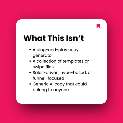 White square with text on a pink background, listing what the content is not.