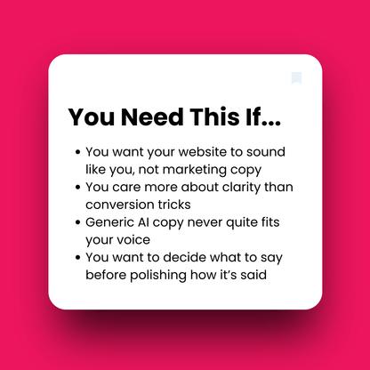 Text on a white square with a pink background, listing criteria for website content.