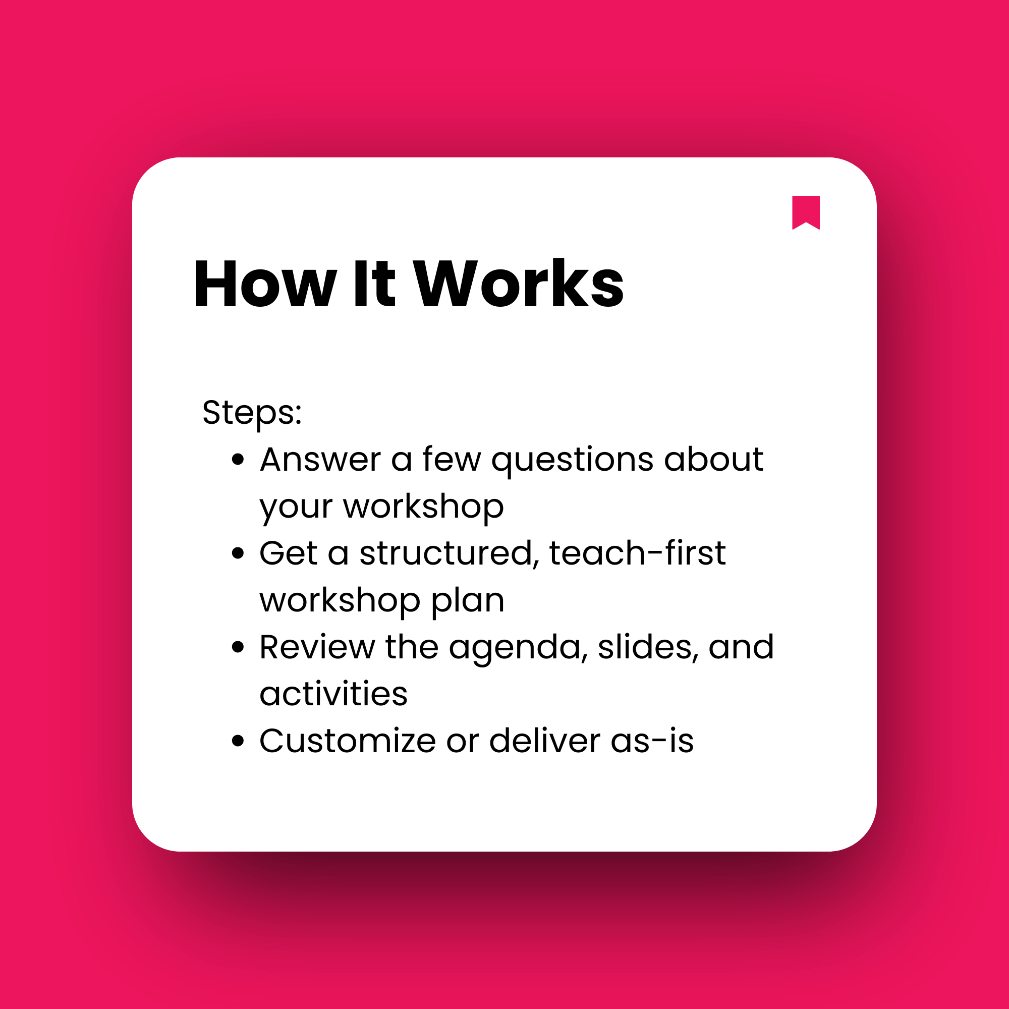 Instructions on how a workshop process works on a pink background