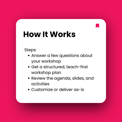 Instructions on how a workshop process works on a pink background