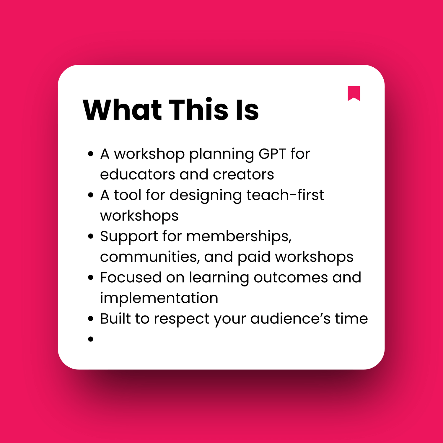 Text description of a workshop planning tool on a pink background