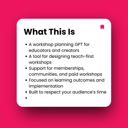 Text description of a workshop planning tool on a pink background