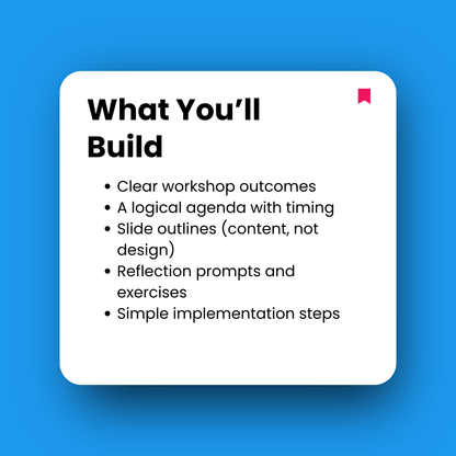 Text on a white square with a blue background, detailing workshop building elements.