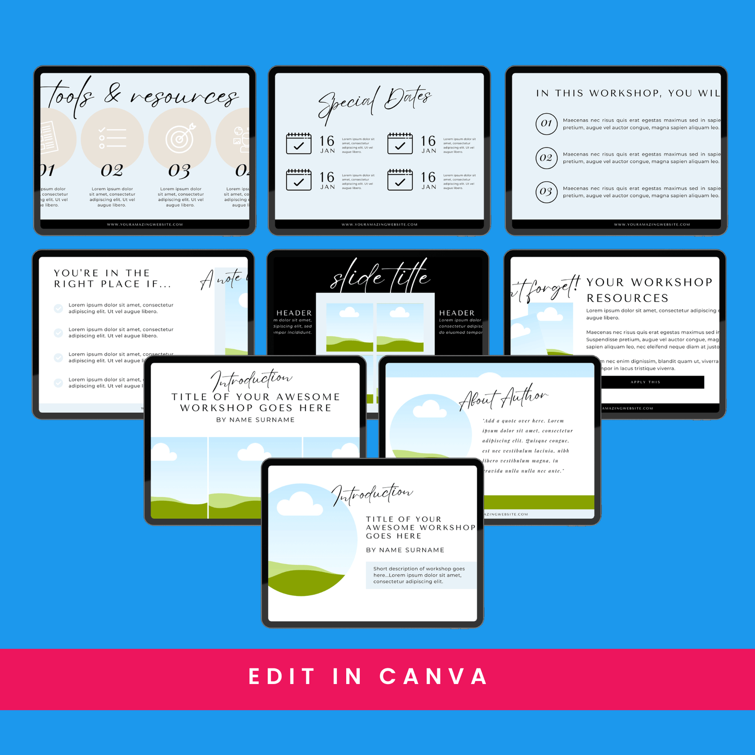 Collection of workshop slide templates on a blue background with &