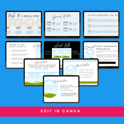 Collection of workshop slide templates on a blue background with &