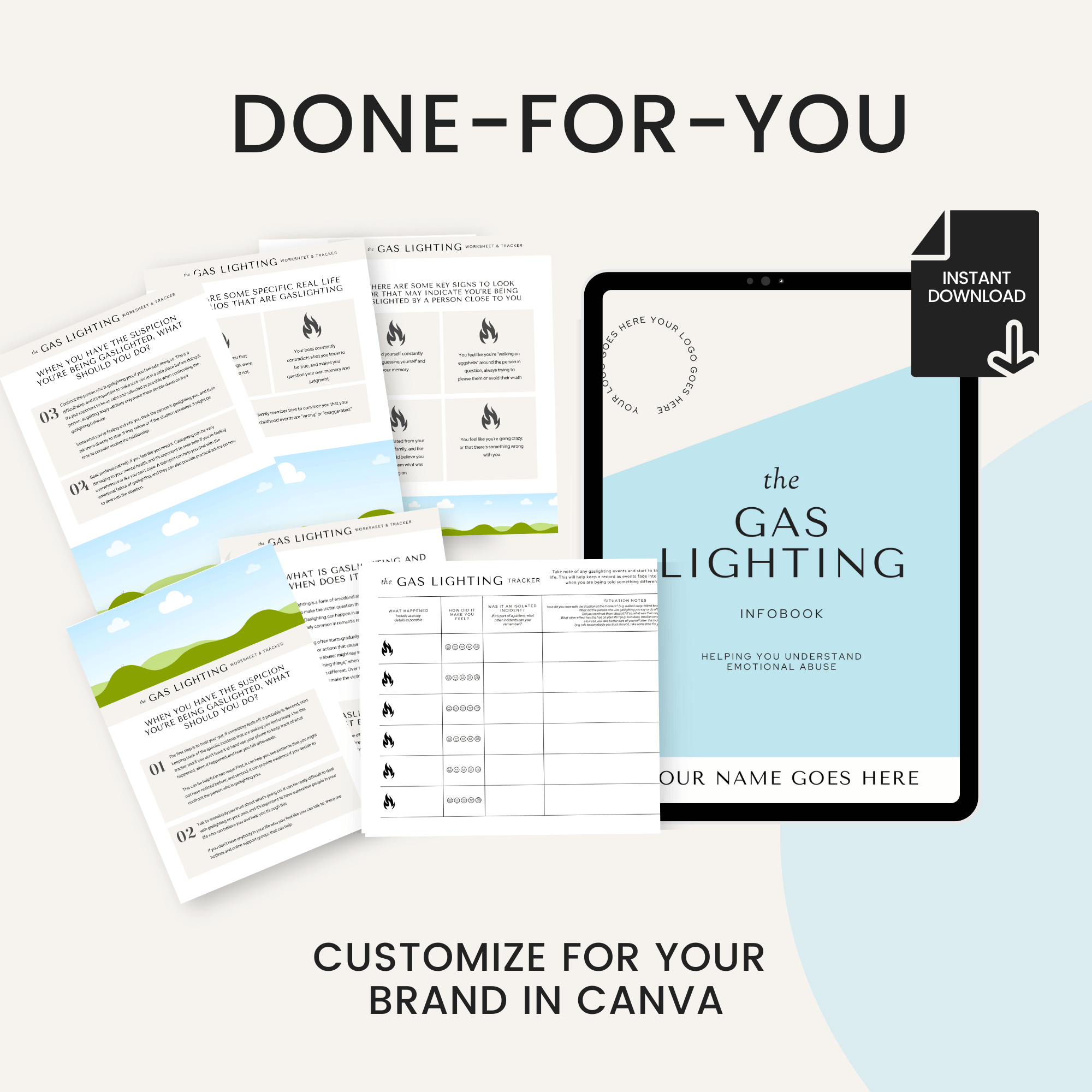 Done for you gas lighting infobook and tracker customize in Canva